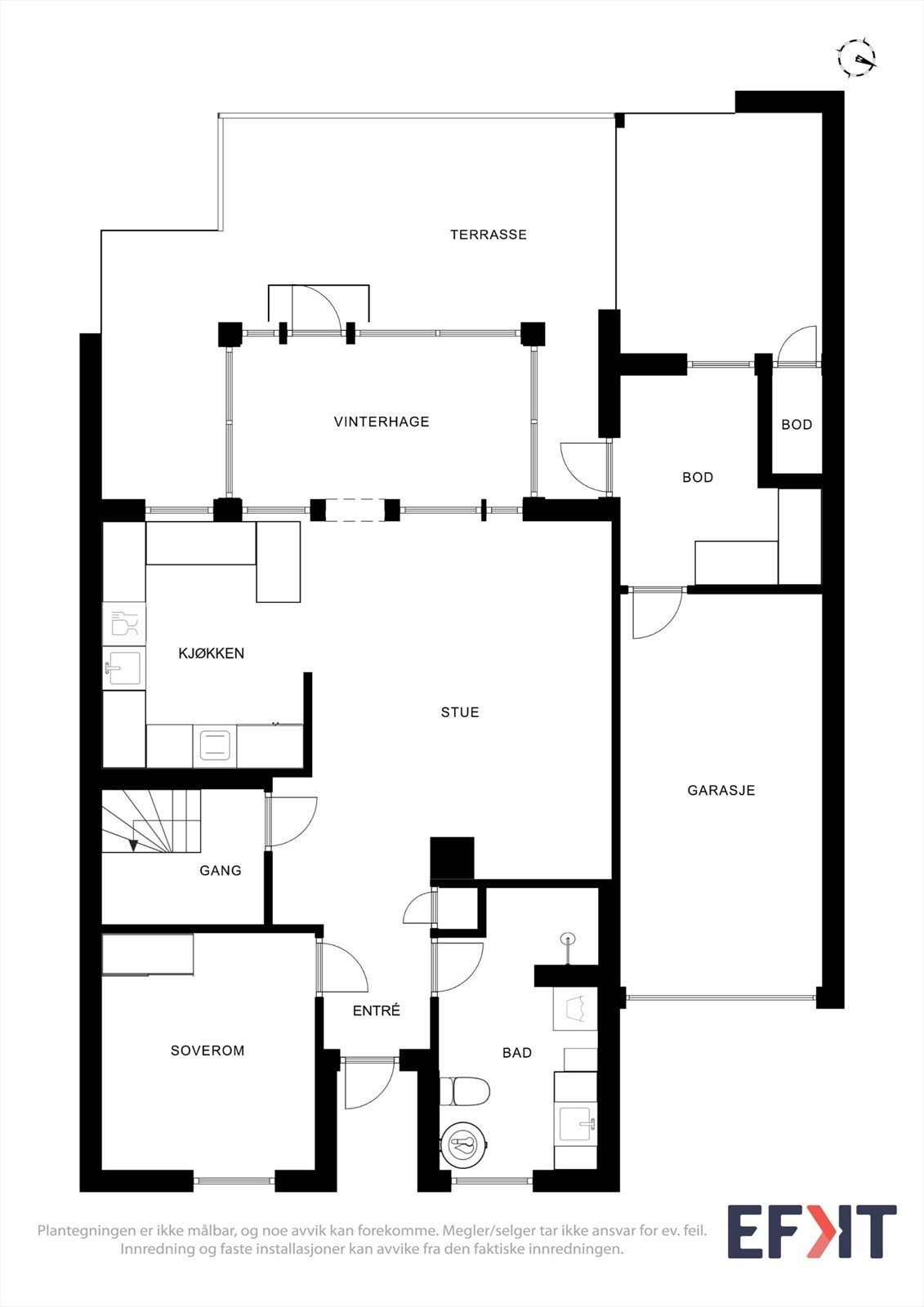 Første etasje har en sosial planløsning med stue, kjøkken, soverom og bad. Etasjen har et bruksareal på 70 m². Galleribilde