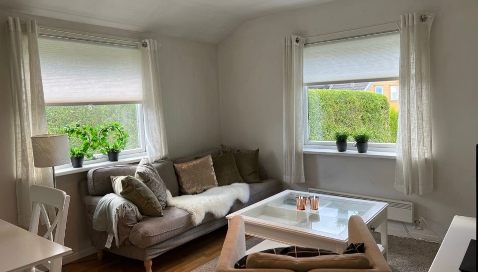 Stue med sofa, tv, bord, Apple tv, tv benk. Galleribilde