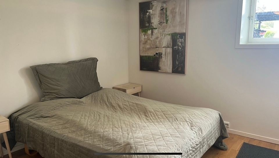 Stort rom kjeller med dobbelseng og nattbord, garderobe og kommode Galleribilde