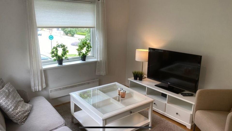 Stue med sofa, tv, bord, Apple tv, tv benk. Galleribilde