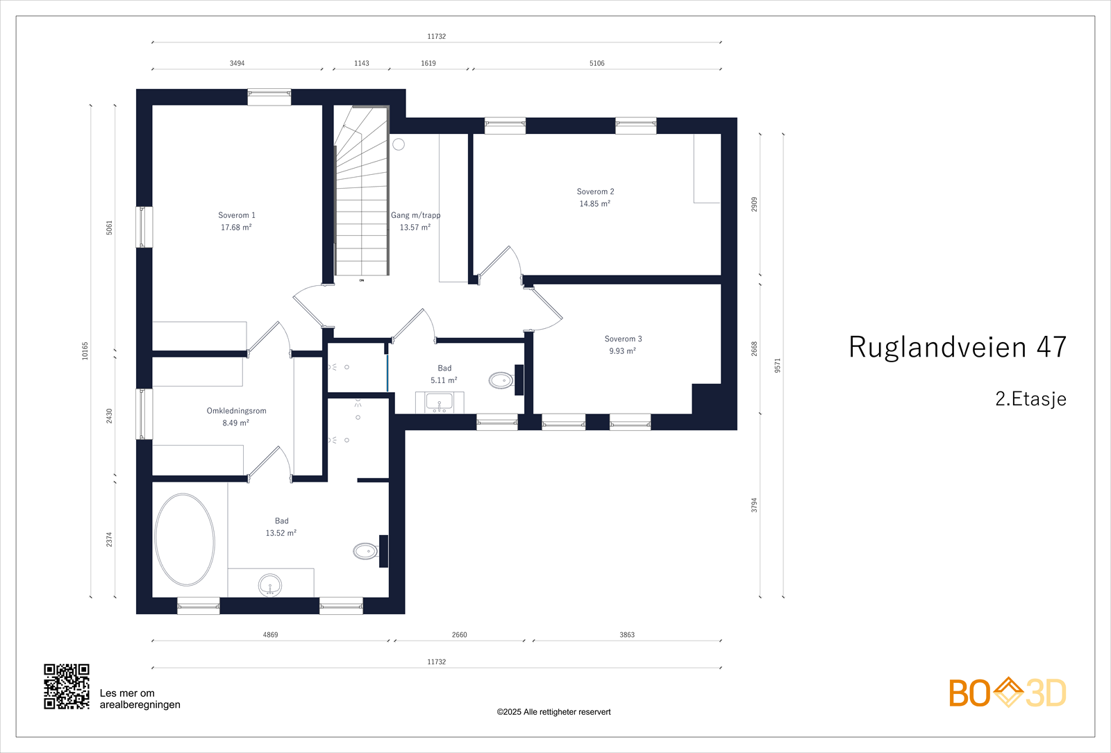 I 2.etg finner man 3 fine soverom, gang med lintøyskap, walk-in garderobe og 2 bad. Galleribilde