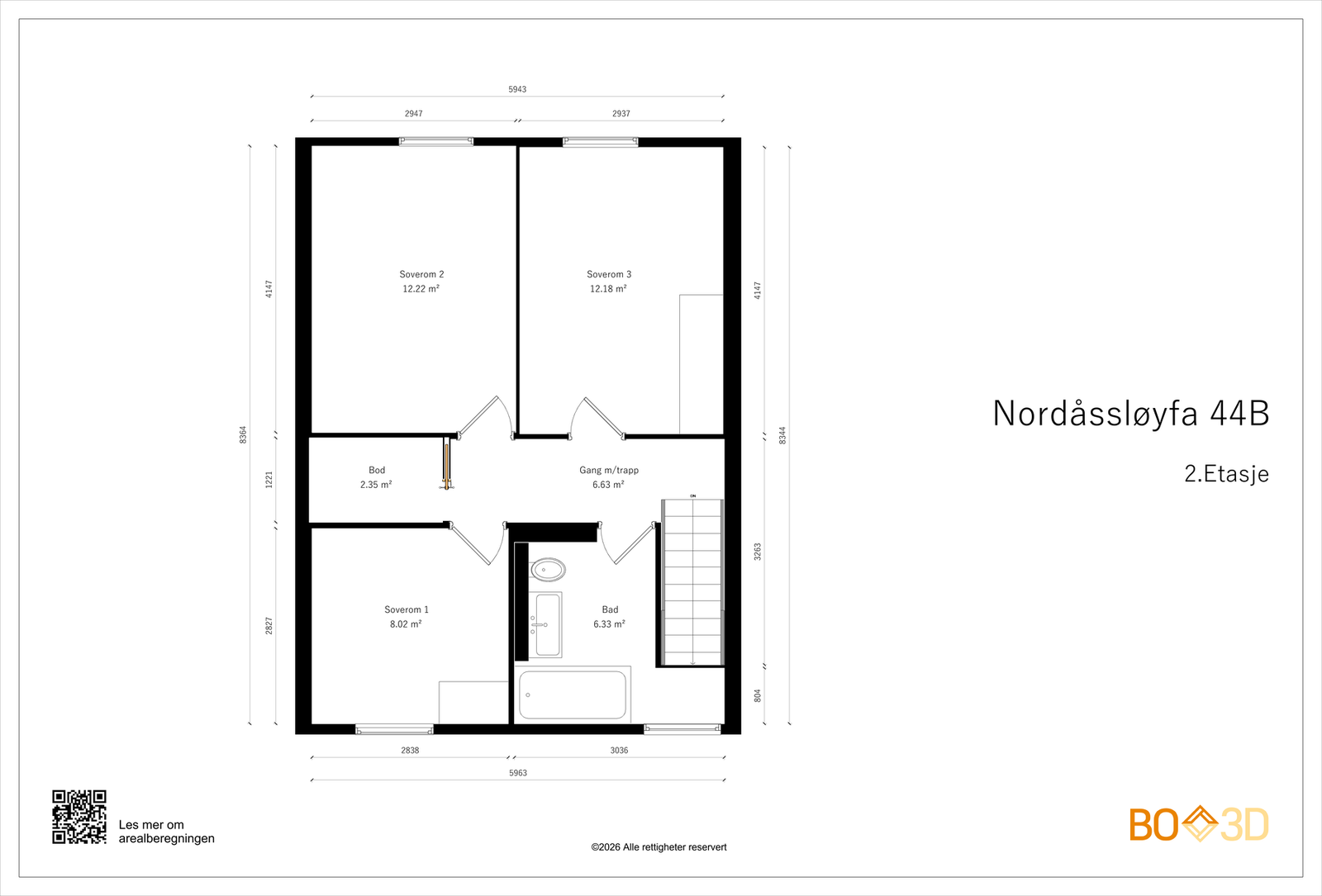 2. etasje består av 3 soverom, bad og innvendig bod. Totalt 50 kvadratmeter Galleribilde