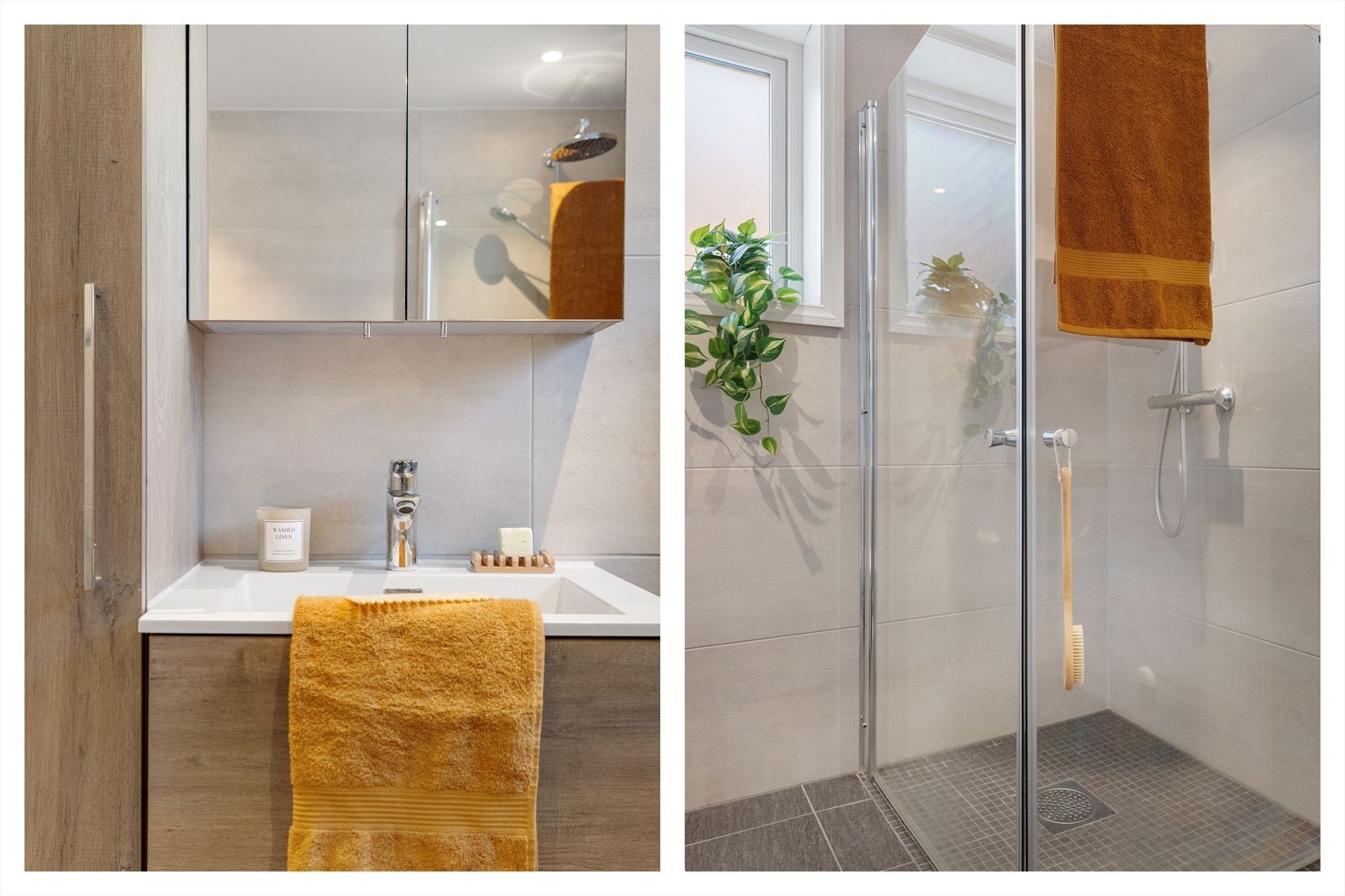 Badet er 5,2 kvm og er innredet med moderne interiørvalg. Det er bra med oppbevaringsplass i skuffer og tilhørende skap. Galleribilde