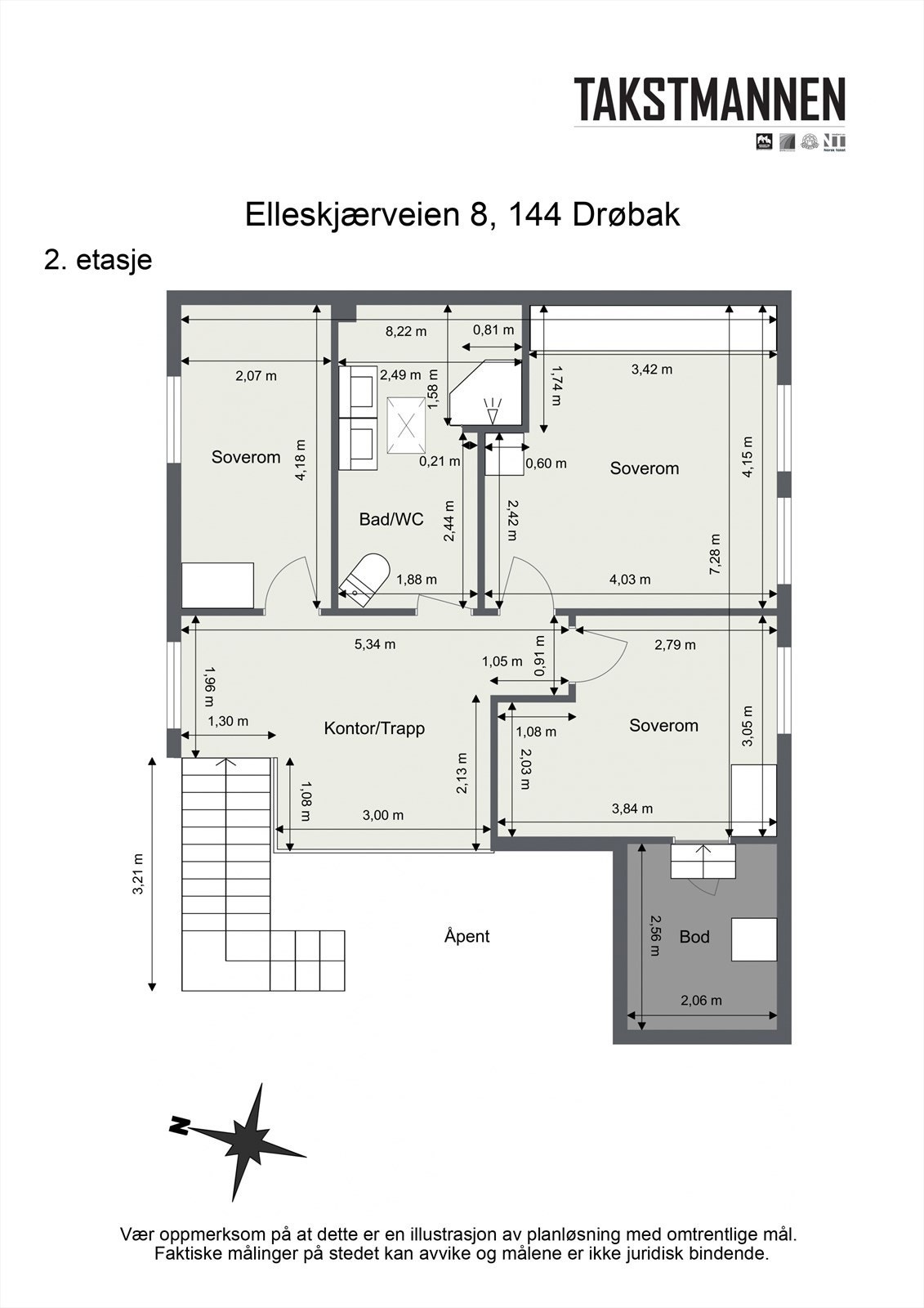 2. etasje inneholder en privat avdeling med tre soverom, kontor, bad og bod. Etasjen har mønt himling med takhøyde opptil 3,32 meter. Galleribilde