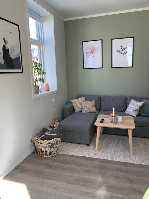 Stue. Alle vegger er glatte og malt i lyse moderne farger, laminat på gulv Galleribilde
