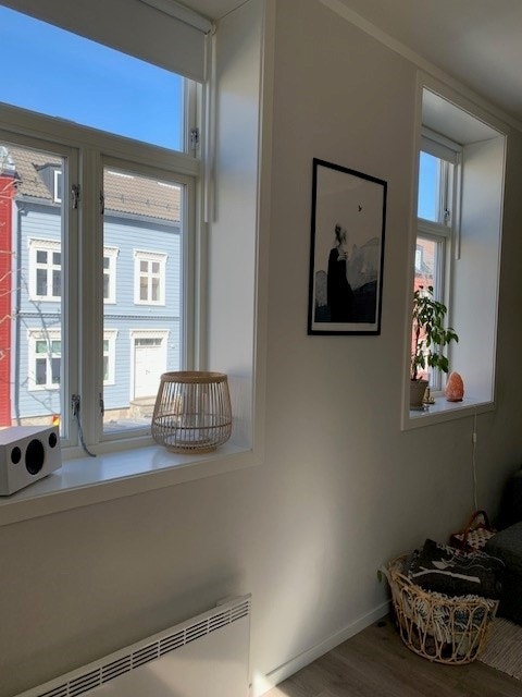 Stuen. Leiligheten har godt med lysinnslipp gjennom store vinduer og ligger høyt nok til ikke å få direkte innsyn fra gateplan. Galleribilde