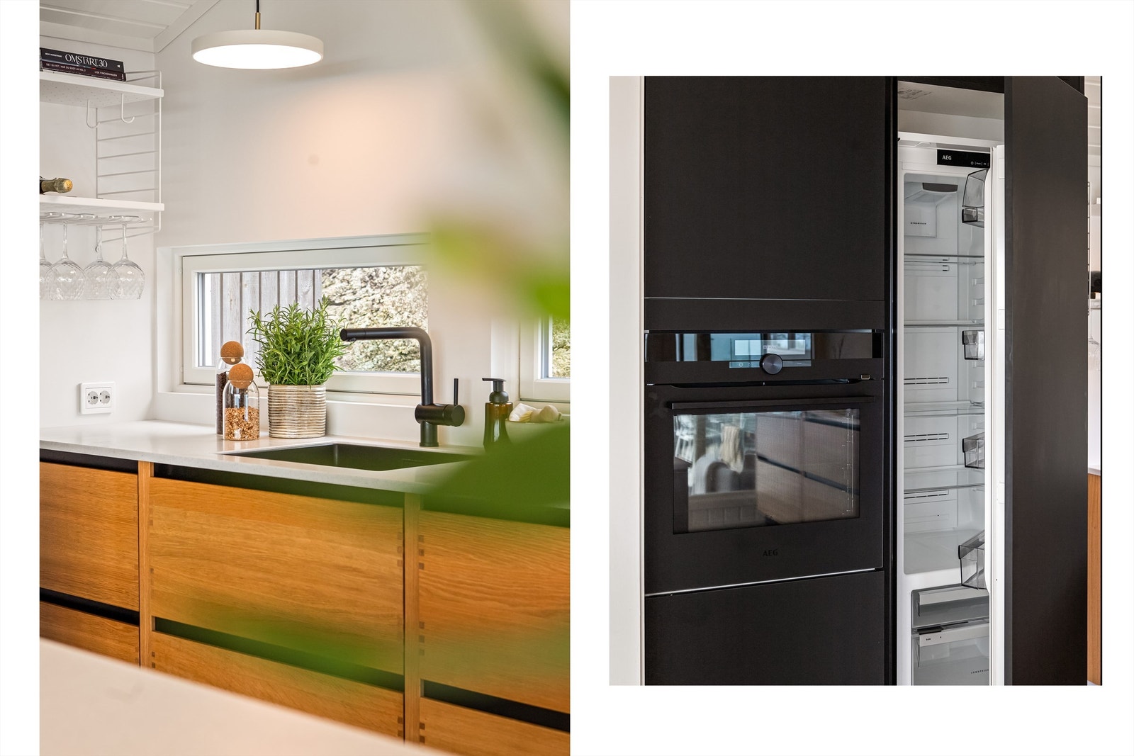 Av hvitevarer er det montert stor Studioline platetopp fra Siemens med innebygget ventilator (friskluftsventilator), integrert stekeovn, oppvaskmaskin, og stort kjøleskap. Galleribilde