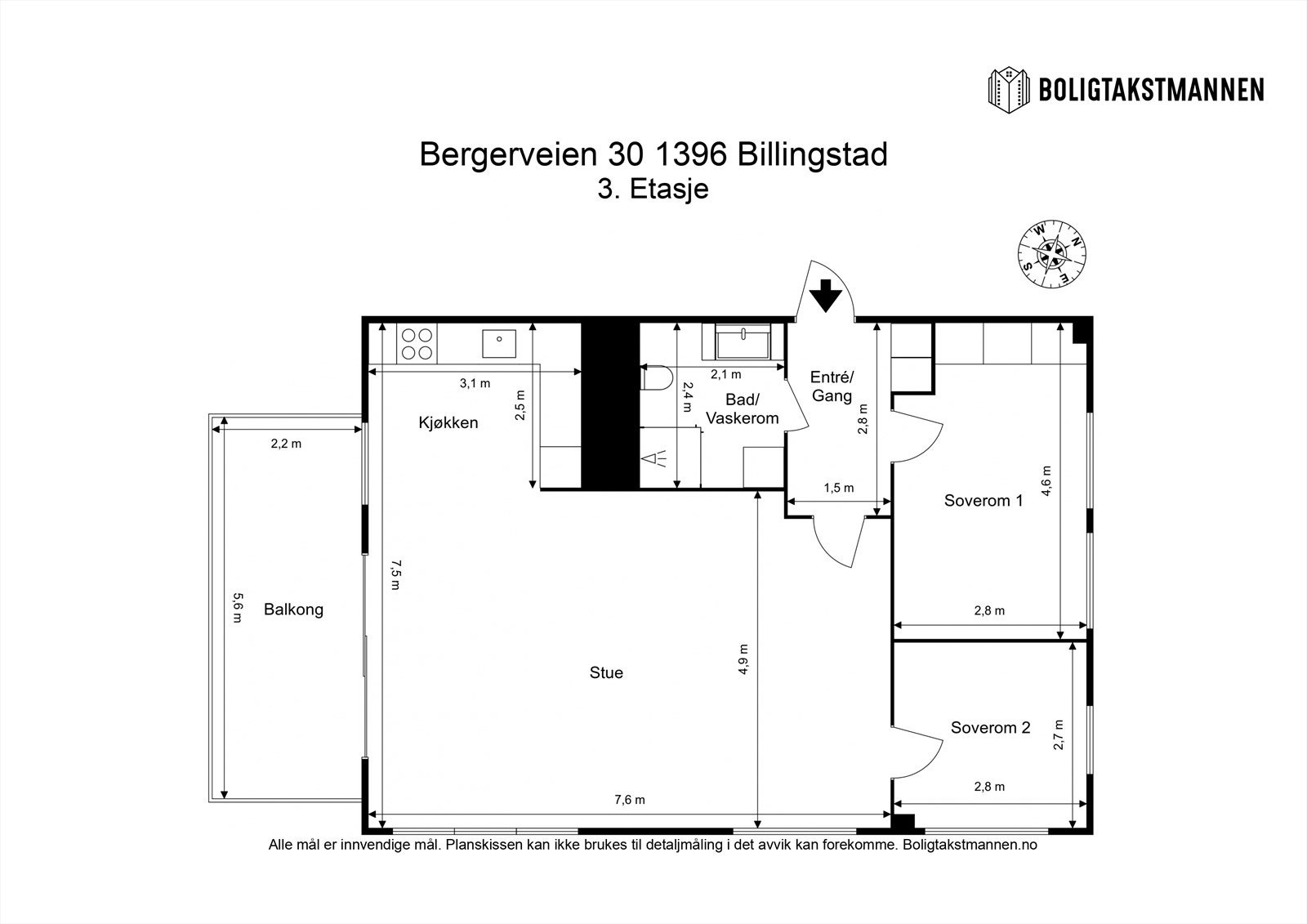 Planløsning: Entré, åpen stue- og kjøkkenløsning, 2 soverom og bad/wc/vaskerom. Galleribilde