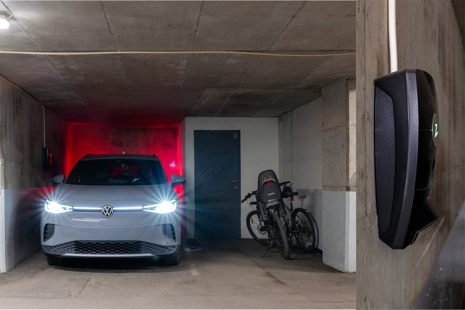 Videre parkerte man bilen i kjeller. Dette er en meget god plass som medfølger inne i en egen bås med lader, bod og god plass til å parkere sykkel Galleribilde