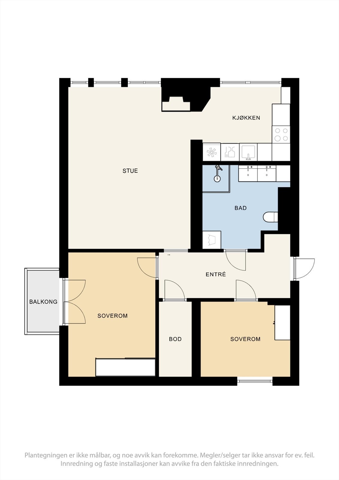 Leiligheten på 74 m² har en arealeffektiv planløsning med åpen stue- og kjøkkenløsning, to soverom og en praktisk intern bod. Galleribilde