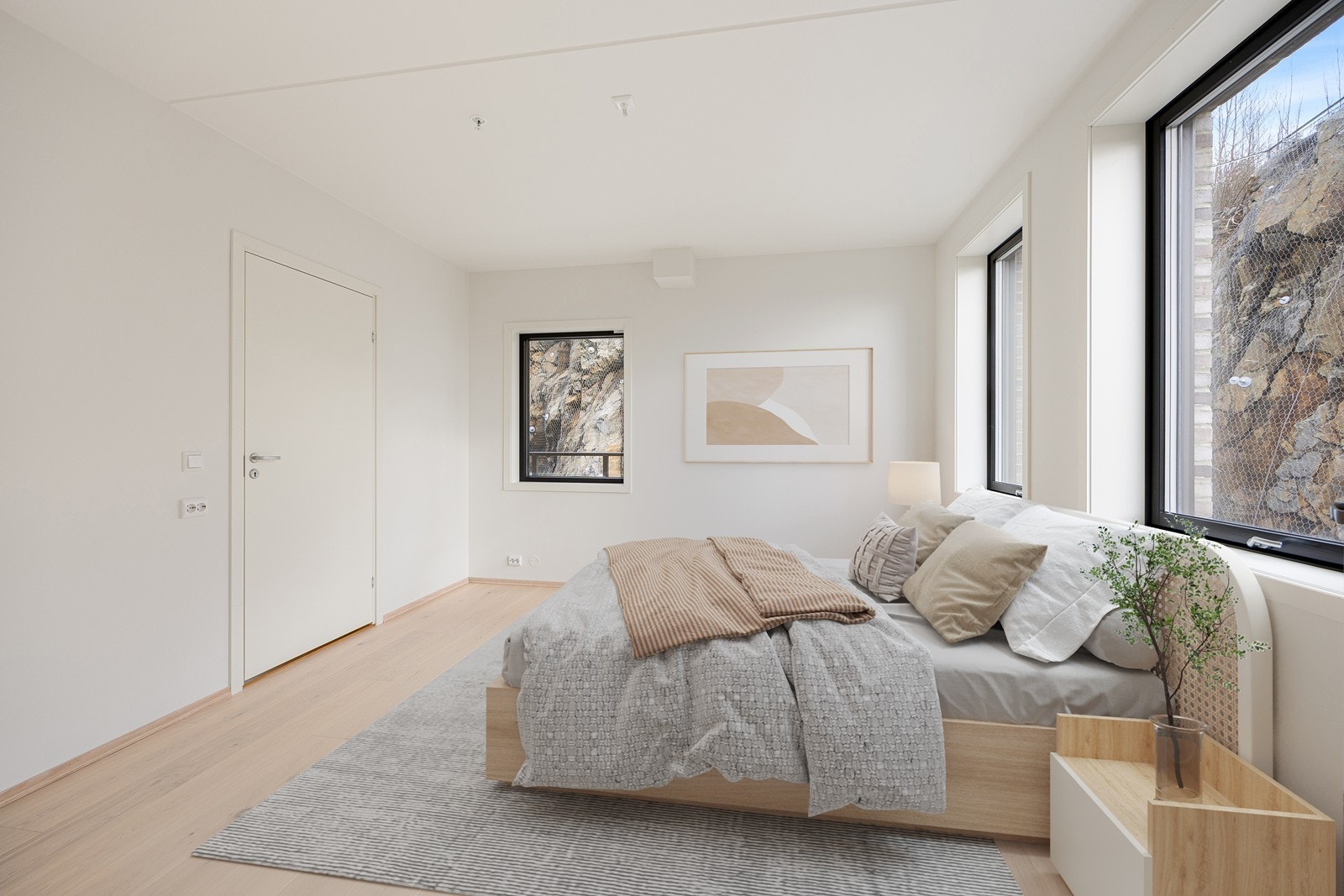 Soverom II, hovedsoverom har god plass til dobbeltseng, garderobe og annet ønskelig møblement. Rommet har også privat baderom. Bildet er digitalt stylet. Galleribilde