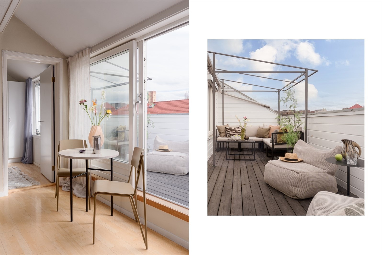 Fra stue/kjøkken kommer du videre ut til en stor takterrasse på 12 kvm med tregulv og stikkkontakt. Galleribilde