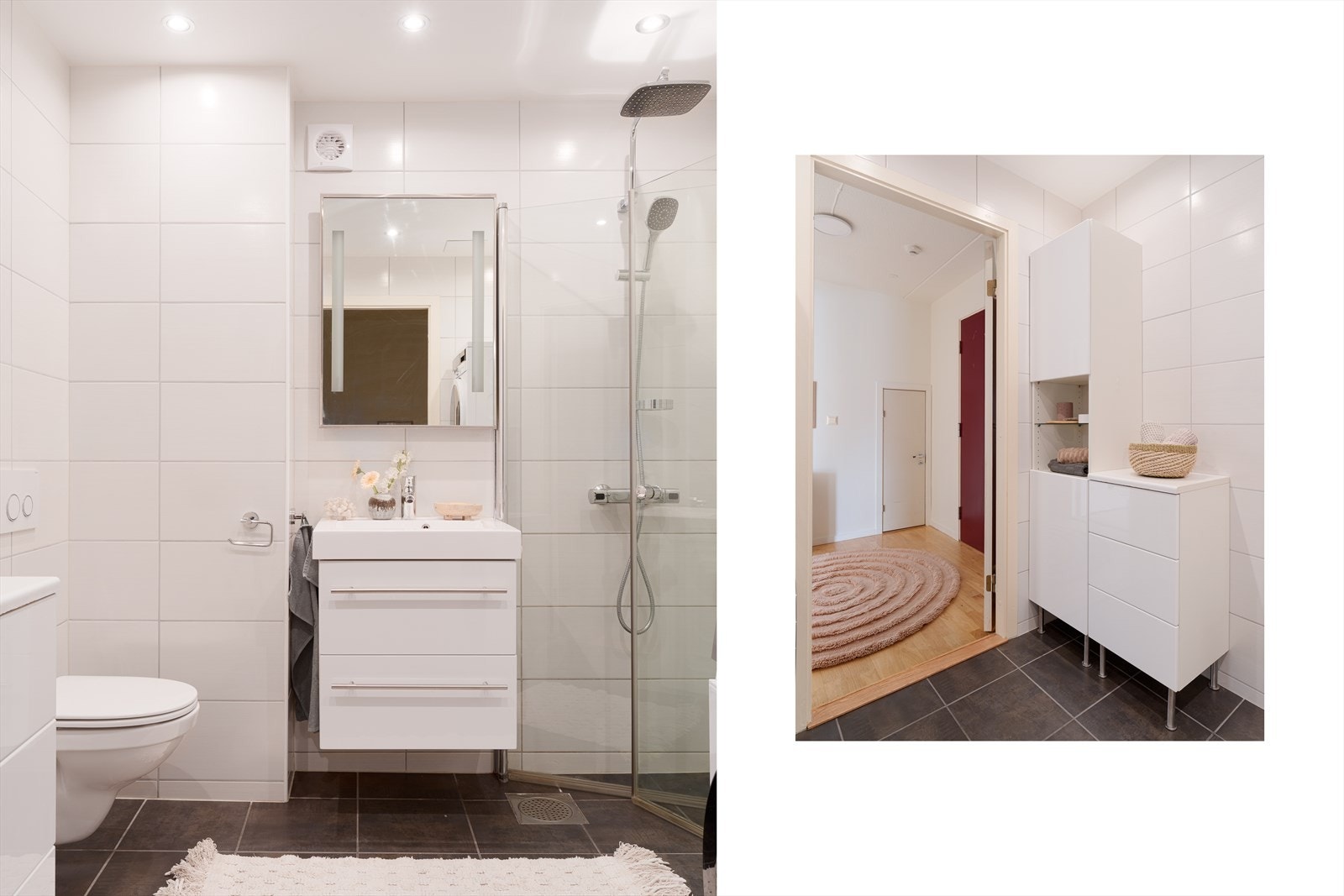 Badet er utstyrt med servant med servantskap, veggfestet toalett, hjørnedusj med innfellbare glassdører og opplegg for vaskemaskin. Galleribilde