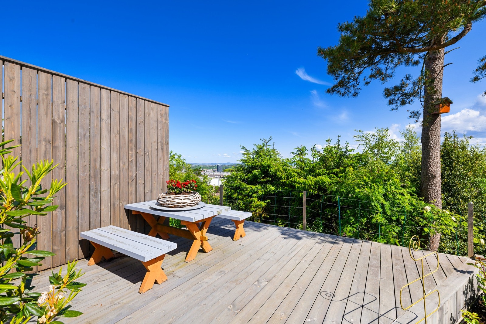 Slanke furutrær, grantrær, skulpturelle prydbusker, hekk, stauder og blomstrende rhododendron, vokser sammen med blåbærlyng og ville markjordbær. Galleribilde
