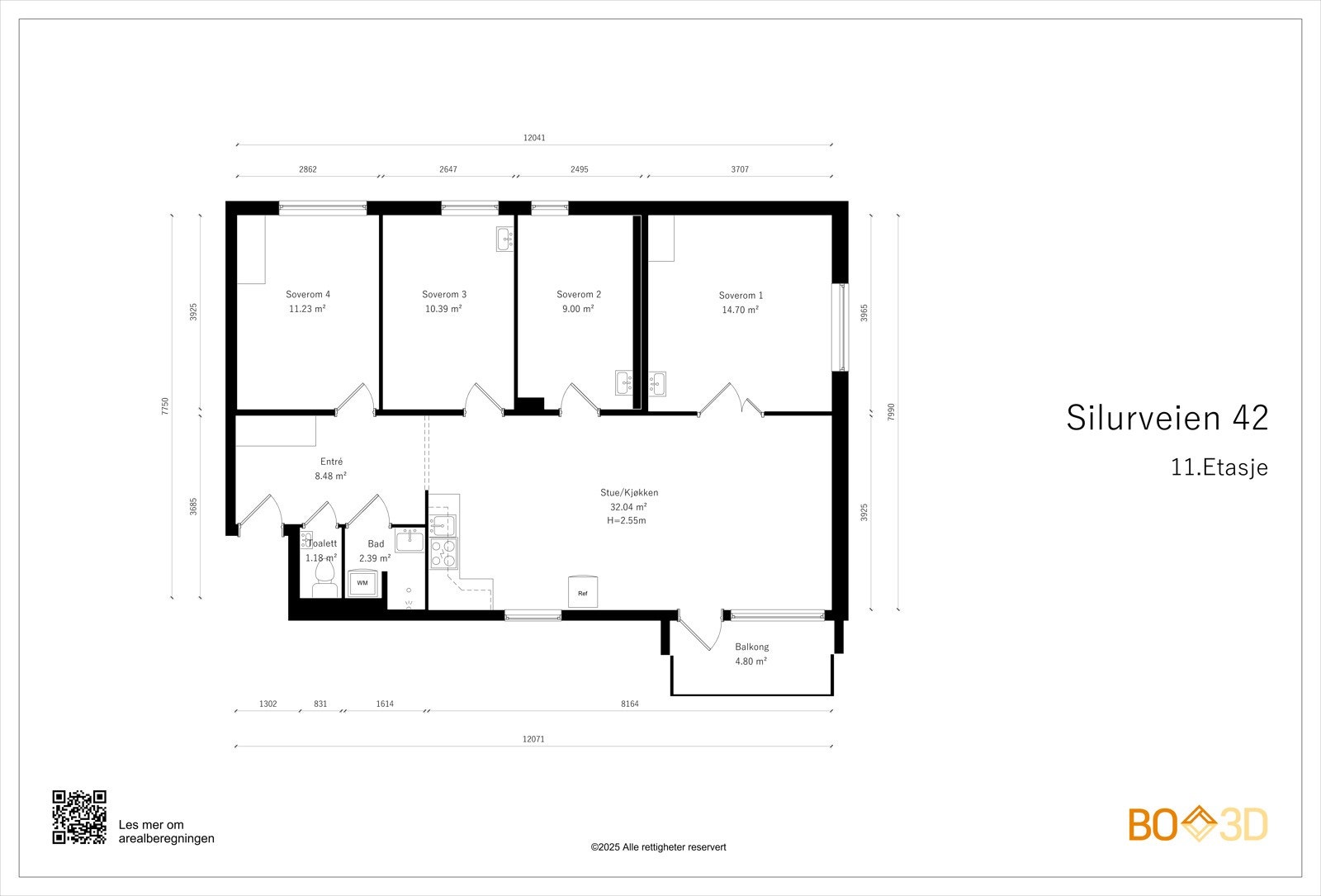 Planskisse 11.etasje (heis): hall, åpen kjøkken/spisestue/stue med utgang til balkong, 4 soverom, bad, wc. Galleribilde