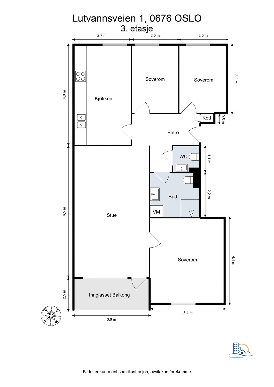 Leiligheten på 83 m² består av tre soverom, separat bad og toalettrom, og en romslig stue. Galleribilde