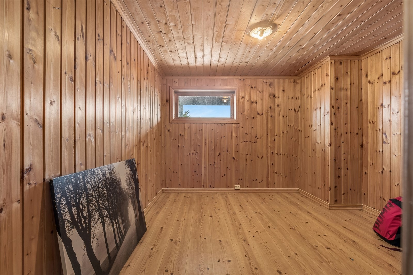 Ett av de innredede rommene i kjelleren, med trepanel på vegger og tak. Galleribilde