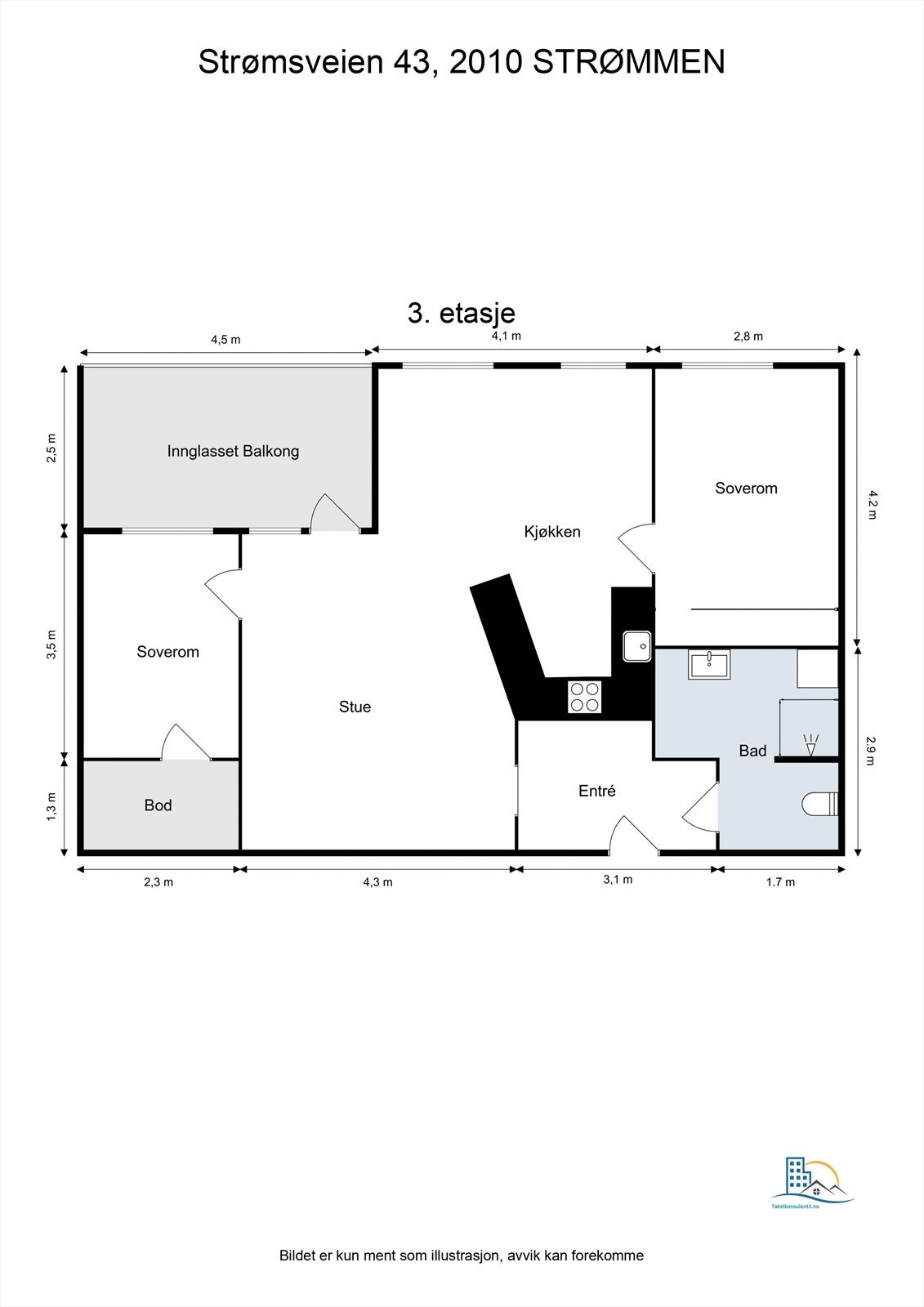 Leiligheten har en gjennomtenkt planløsning på 75 m² som inkluderer to soverom, en intern bod og heisadkomst. Galleribilde
