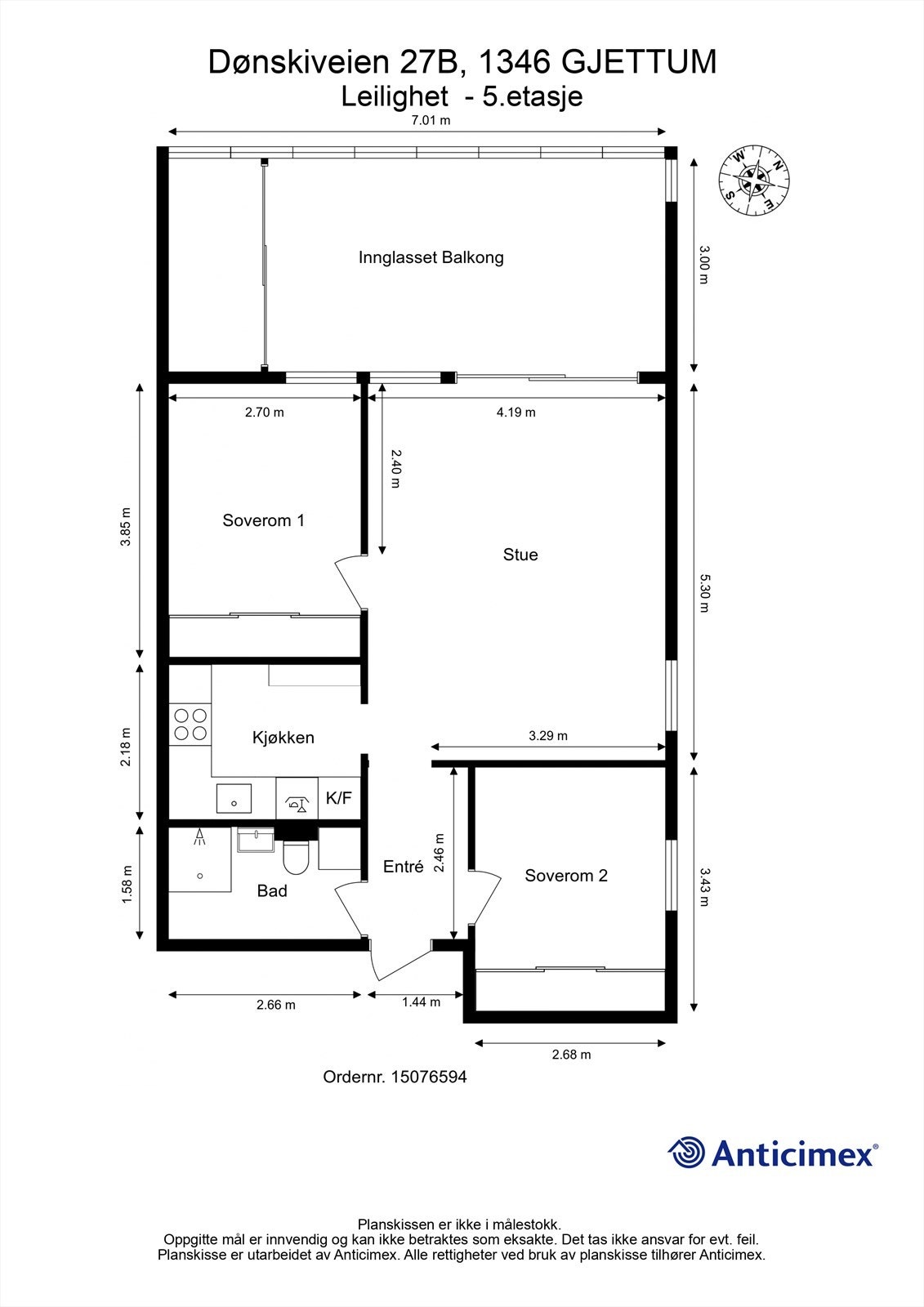 Leiligheten er en gjennomgående endeleilighet på 58 m² med en arealeffektiv planløsning som skiller soverommene fra de sosiale sonene. Galleribilde