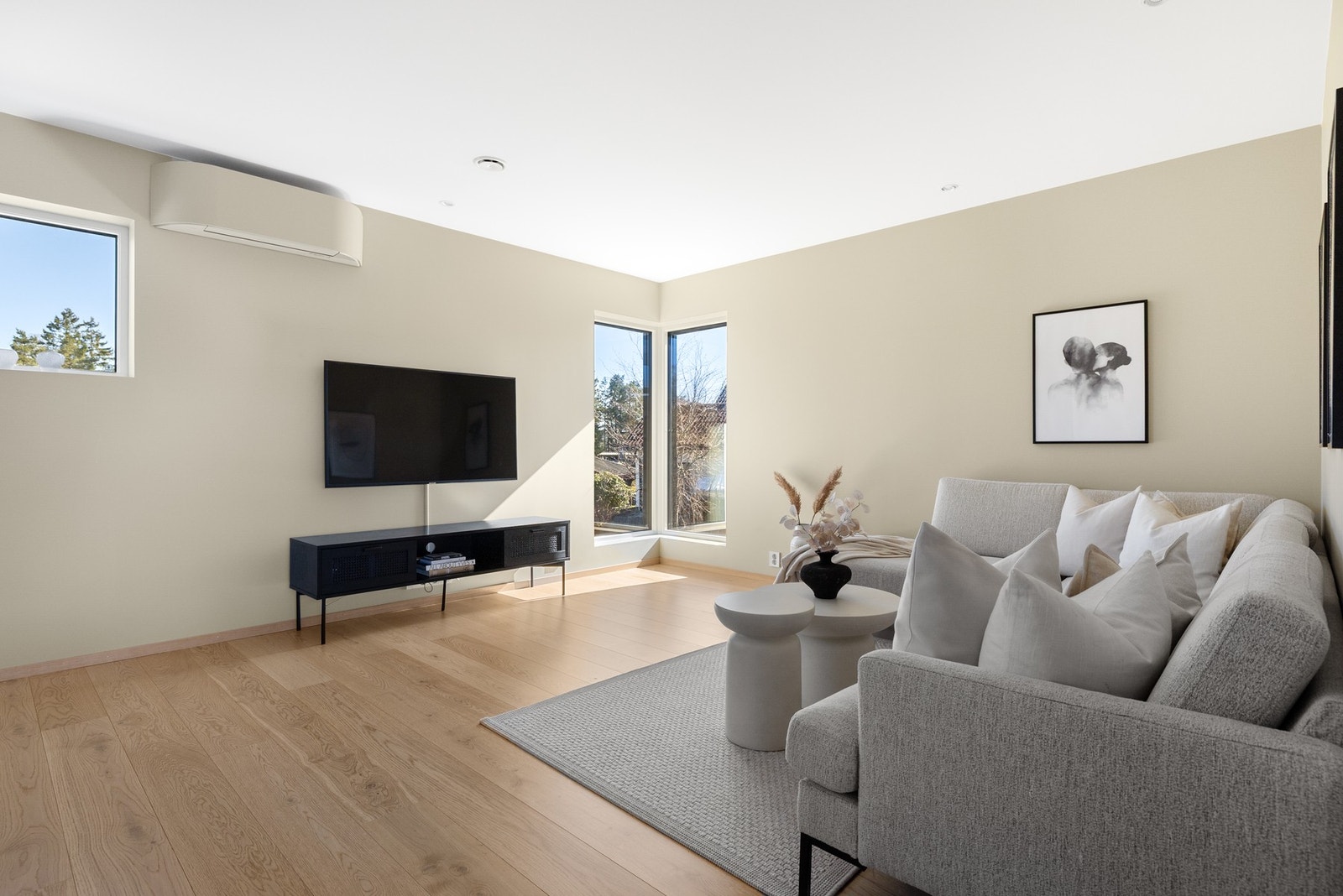 Boligen har moderne tekniske løsninger, inkludert ventilasjonsanlegg, downlights og varmepumpe tilpasset veggfargen Galleribilde