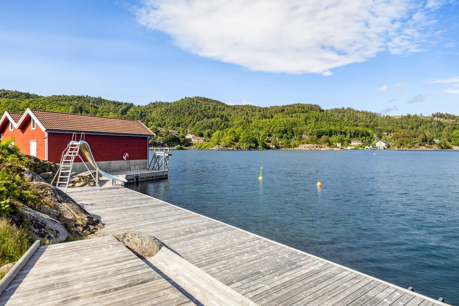 Fellesbrygge med badeplass - et naturlig samlingspunkt for naboene i sommersesongen. Her møtes naboer på solrike dager ved vannkanten. Galleribilde