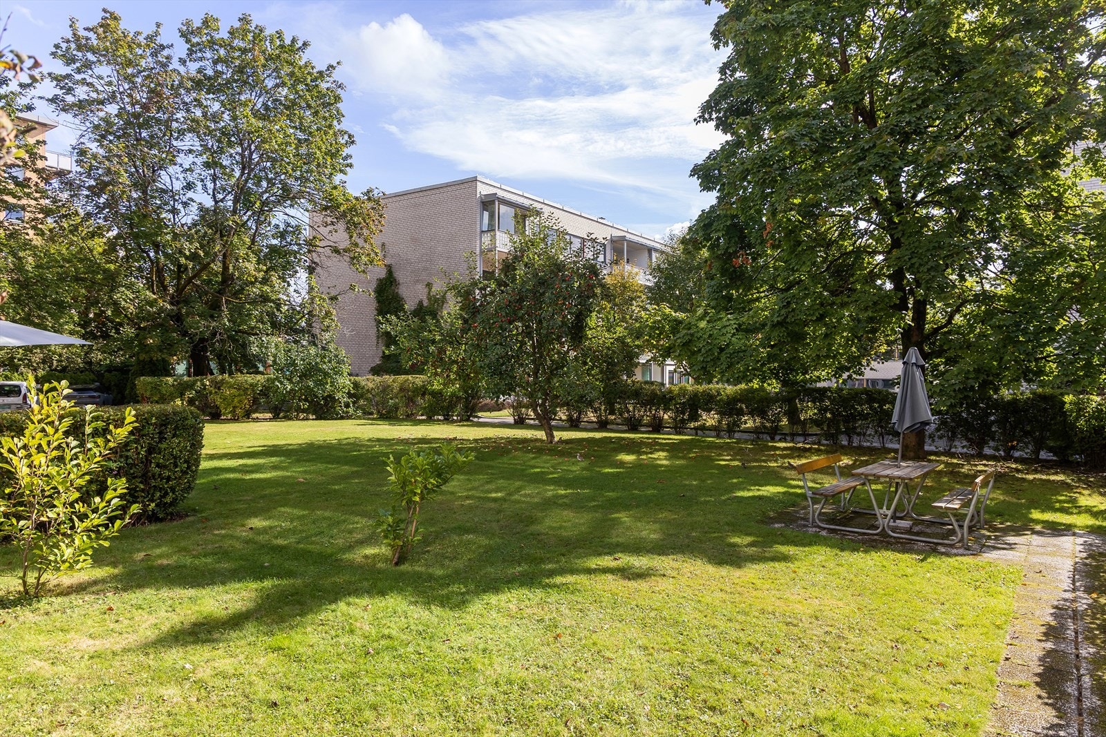 Hyggelig, lukket bakgård med sittegrupper, plen og beplanting. Galleribilde