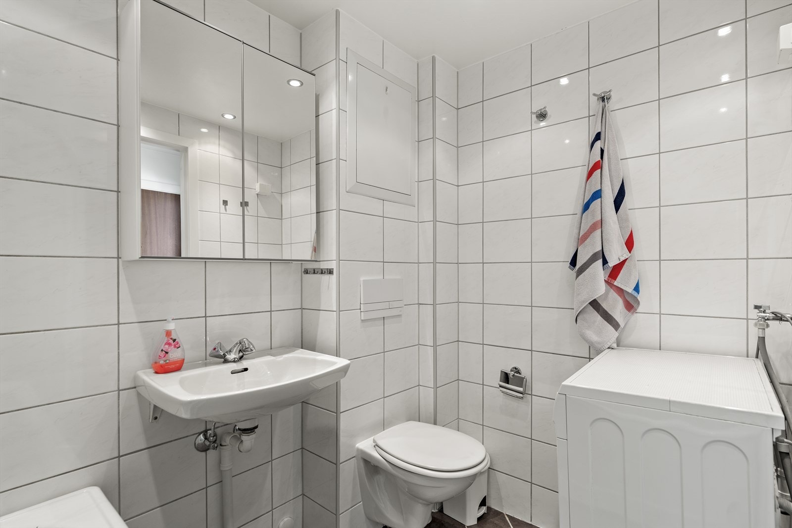 Innredningen består av en vegghengt servantskap med skuffer, speil med belysning og et vegghengt skap for oppbevaring. Badet er videre utstyrt med badekar med dusj, toalett og opplegg for vaskemaskin. Galleribilde
