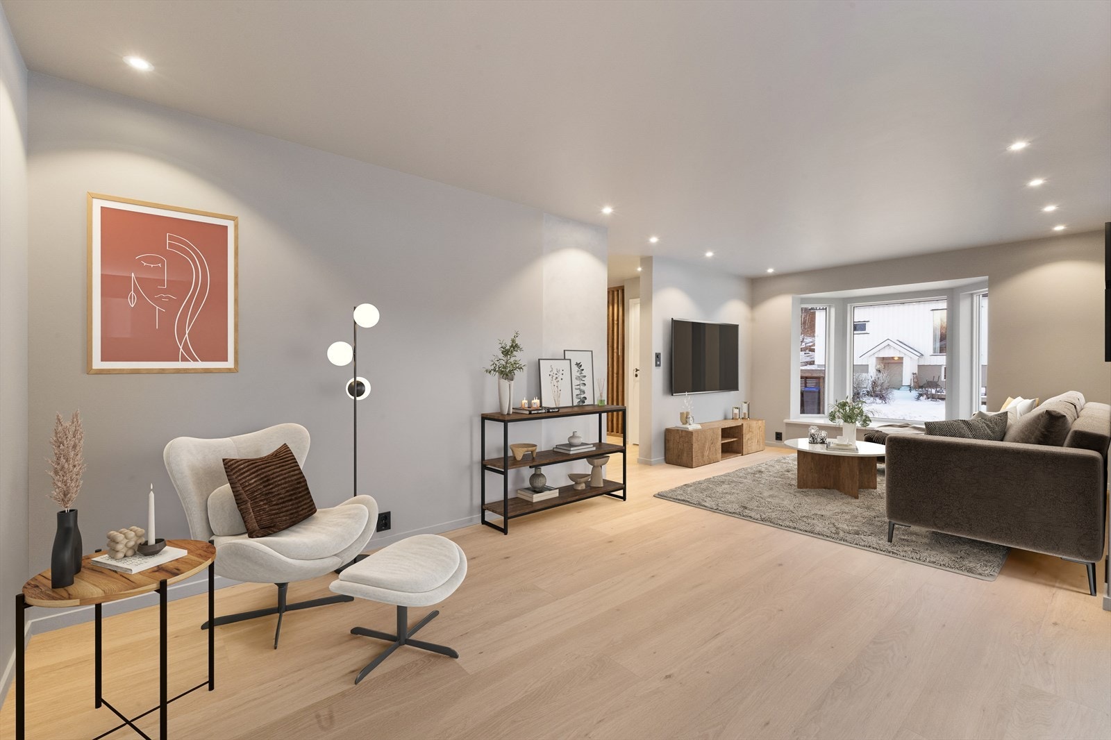 Varmefolie i gulv på stue/kjøkken gir god komfort året rundt. Legg merke til den utvidede delen i stuen med store vinduer, vendt ut mot gaten. Galleribilde