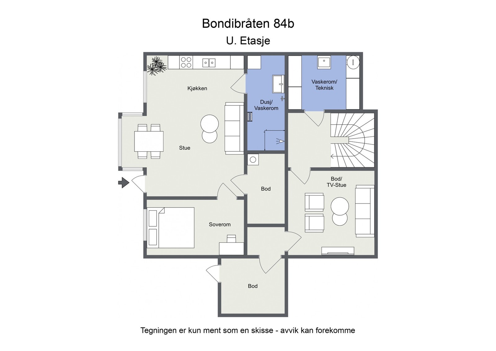 Plantegning underetasje med sokkelleilighet. Galleribilde