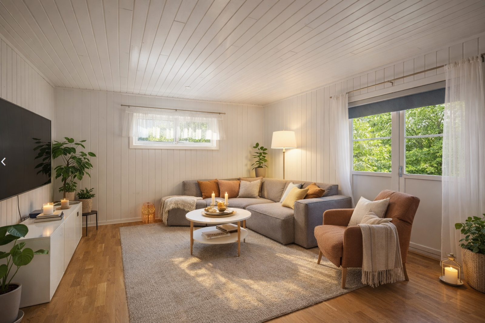 Stuen har god plass til sofagruppe og annet møblement man har behov for.
Bildet er redigert med KI. Galleribilde