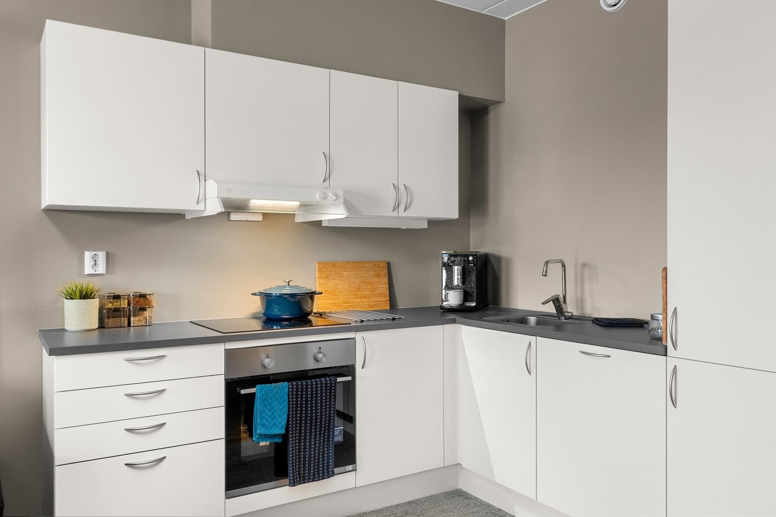 På kjøkkenet medfølger det integrerte hvitevarer som stekeovn, kjøleskap, oppvaskmaskin og platetopp. Galleribilde