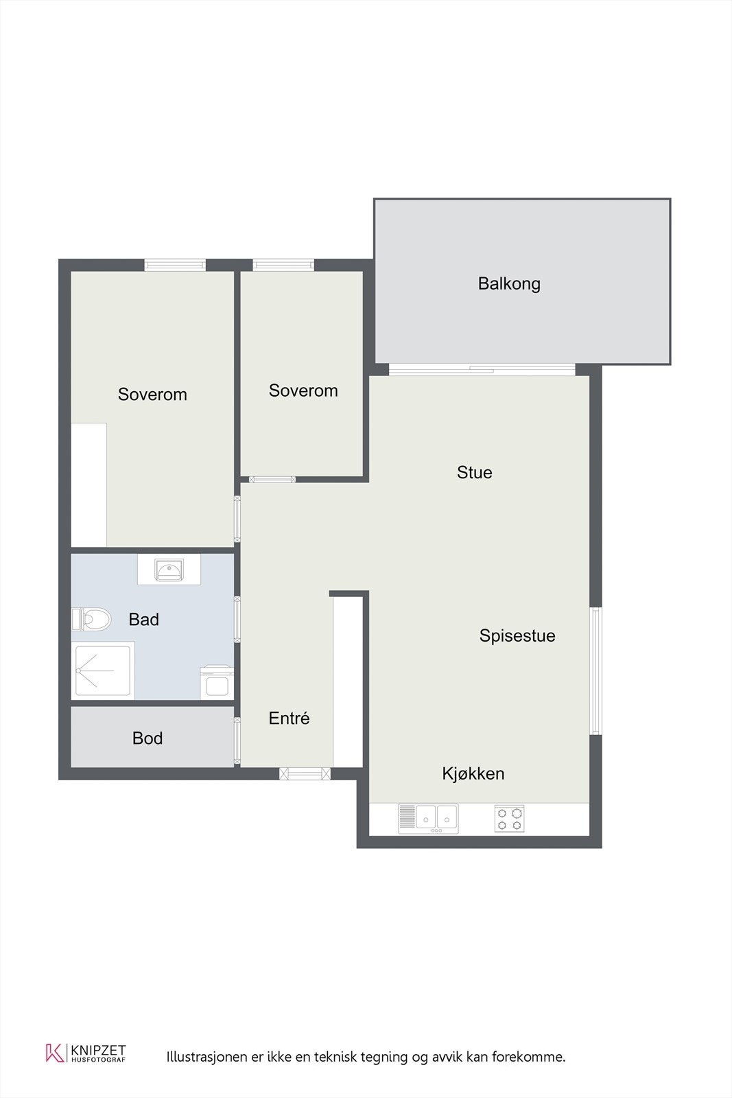 Leiligheten har en arealeffektiv planløsning på 78 m² med åpen stue- og kjøkkenløsning, to soverom og direkte utgang til terrasse. Galleribilde