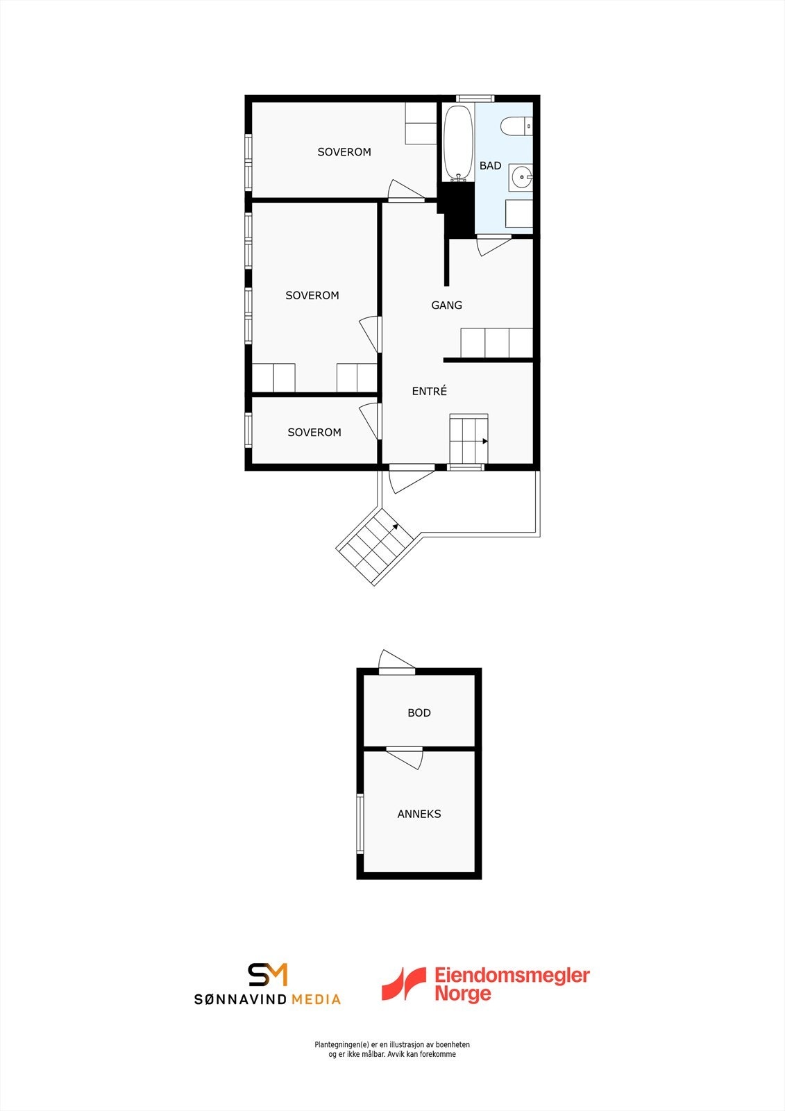 Plantegning anneks og 1. etasje. Det minste soverommet er merket som bod/kontor i kommunale tegninger. Galleribilde