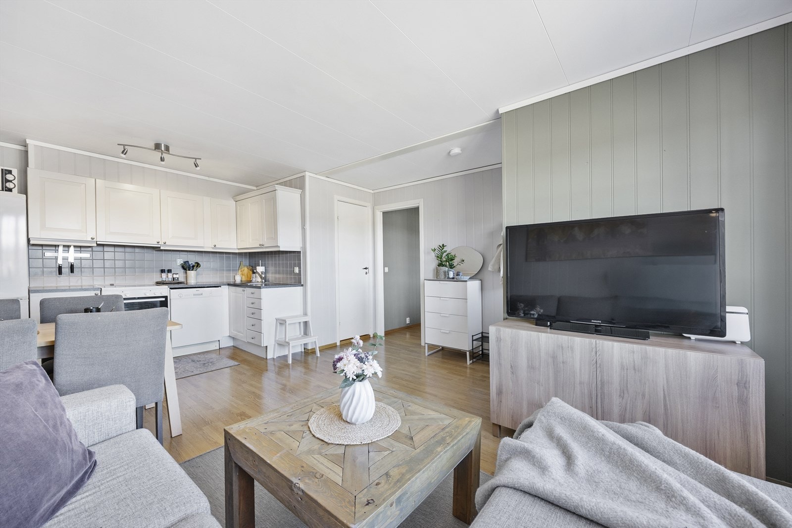 Leiligheten er ikke så stor, men det er plass til både sofagruppe og tv-/mediastasjon, og det kan fint innredes med et spisebord også. Galleribilde