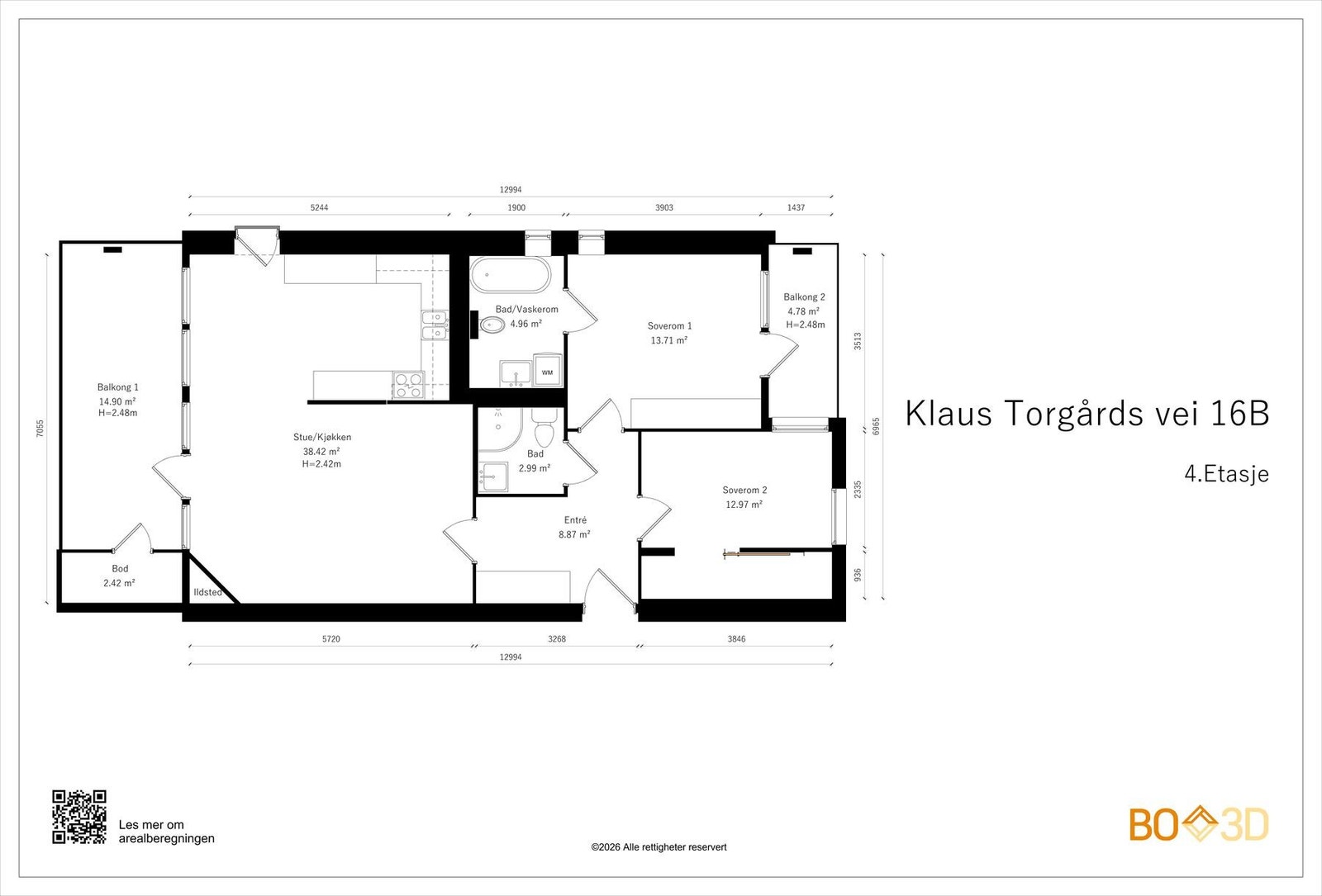 Endeleilighet med lysinnslipp fra tre sider. Boligen 87 kvm og har god planløsning og består av entré/hall, stor stue med delvis åpen løsning mot kjøkken/spisestue, 2 soverom, 2 bad. I tillegg kommer 2 terrasser, bod på terrasse, bod i kjeller og garasjep Galleribilde