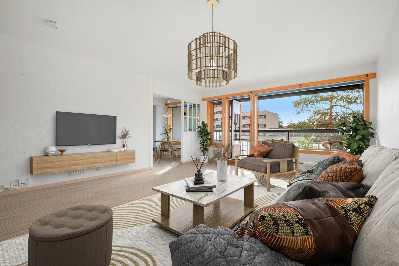 Boligen har en gjennomtenkt og familievennlig planløsning med gode romstørrelser og en praktisk inndeling som passer godt for familien.(Bildet inneholder digital styling). Galleribilde