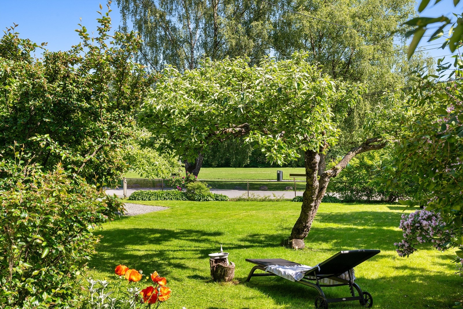 Det er frodig grøntareal rundt hele boligen, med plass til både hagekos og aktivitet Galleribilde