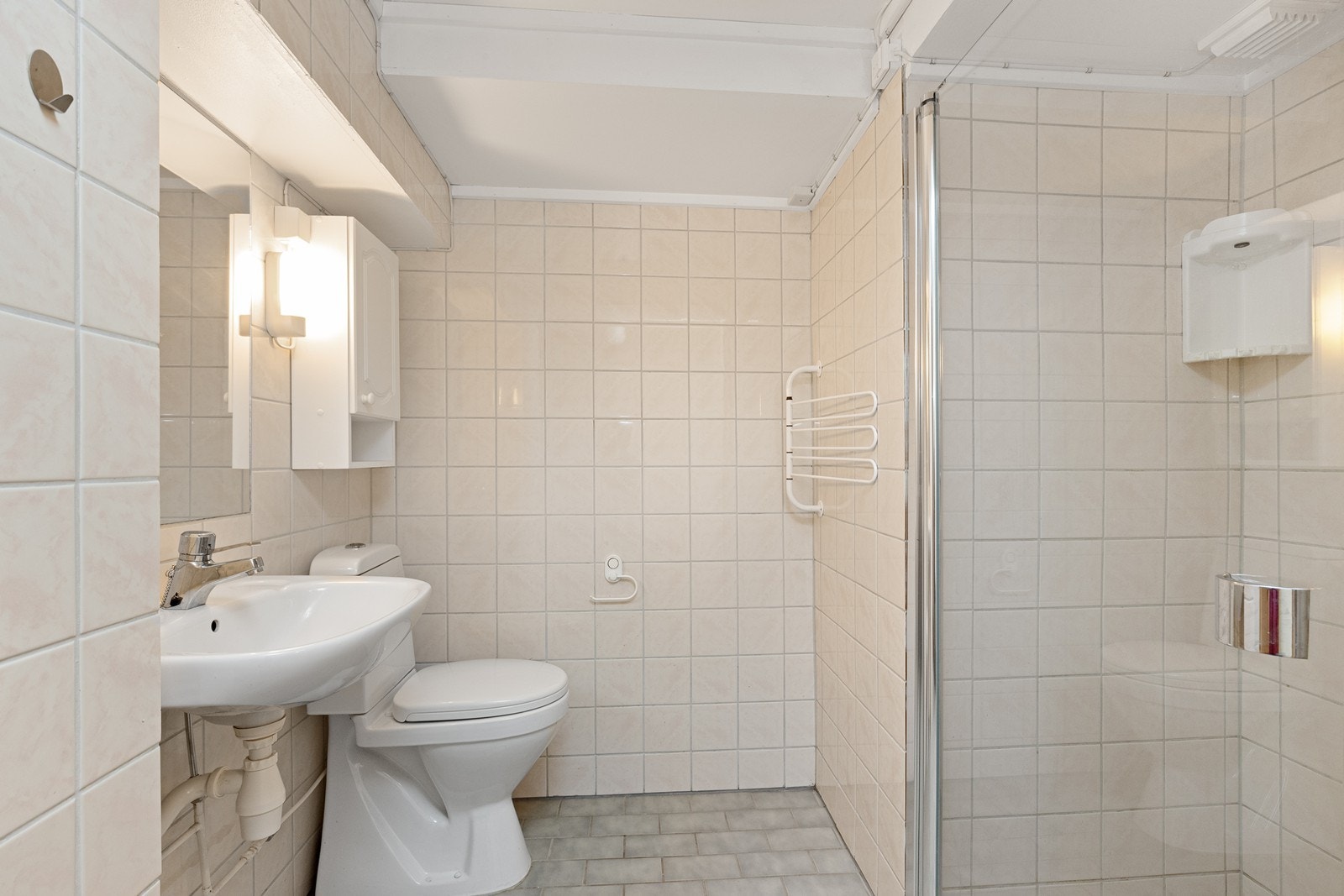 Badet i underetasjen er utstyrt med toalett, servant og dusjhjørne. Galleribilde
