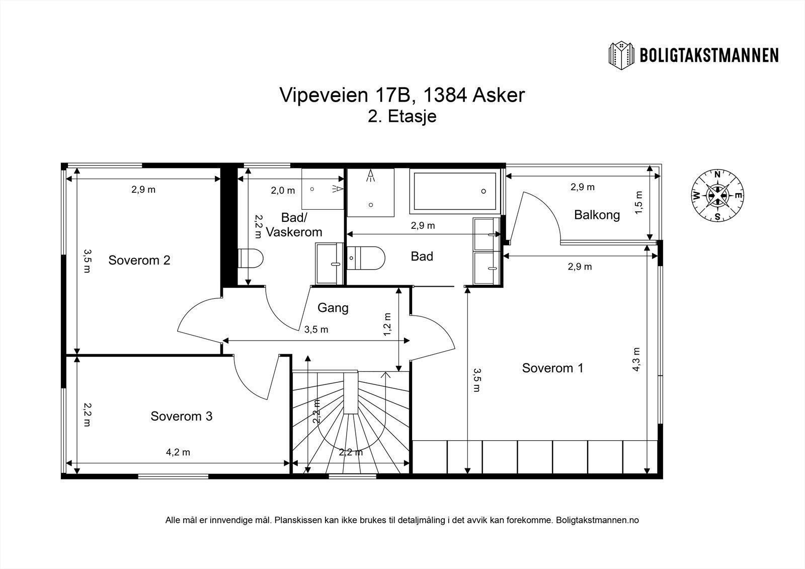 2. etasje (61 kvm BRA-i): Gang, bad/vaskerom, bad og tre soverom. Galleribilde