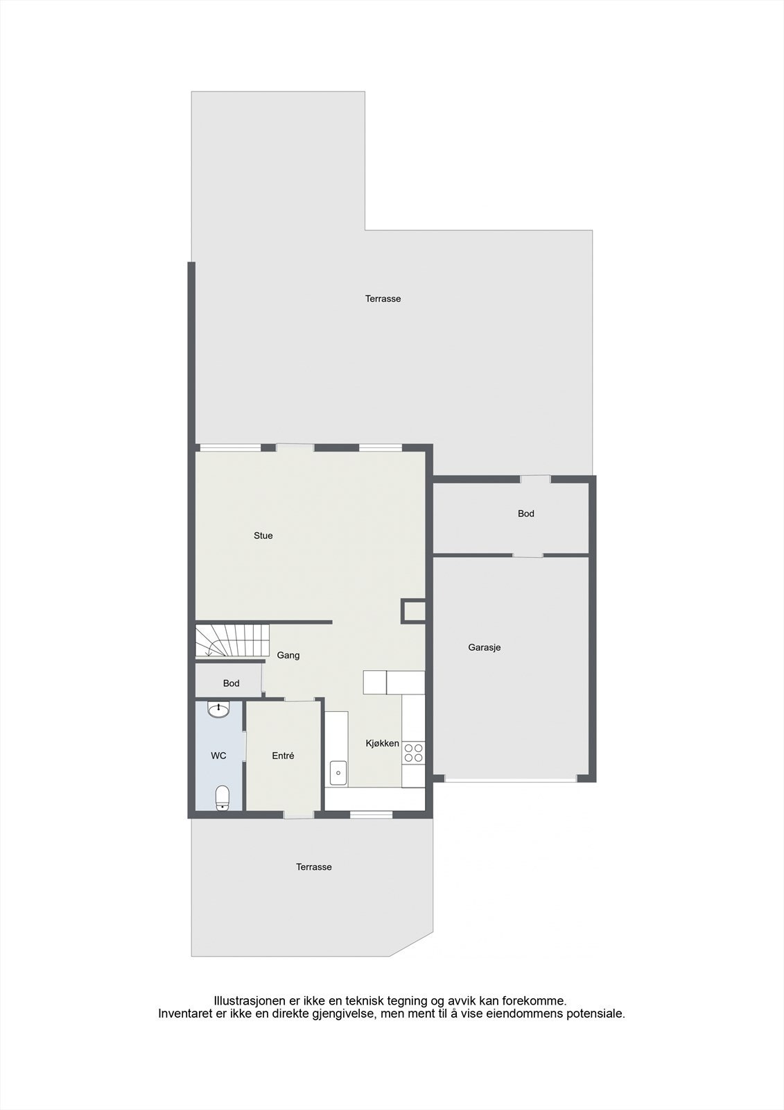 Første etasje har en sosial planløsning med åpen stue- og kjøkkenløsning, entré, toalettrom og en praktisk bod under trappen. Galleribilde