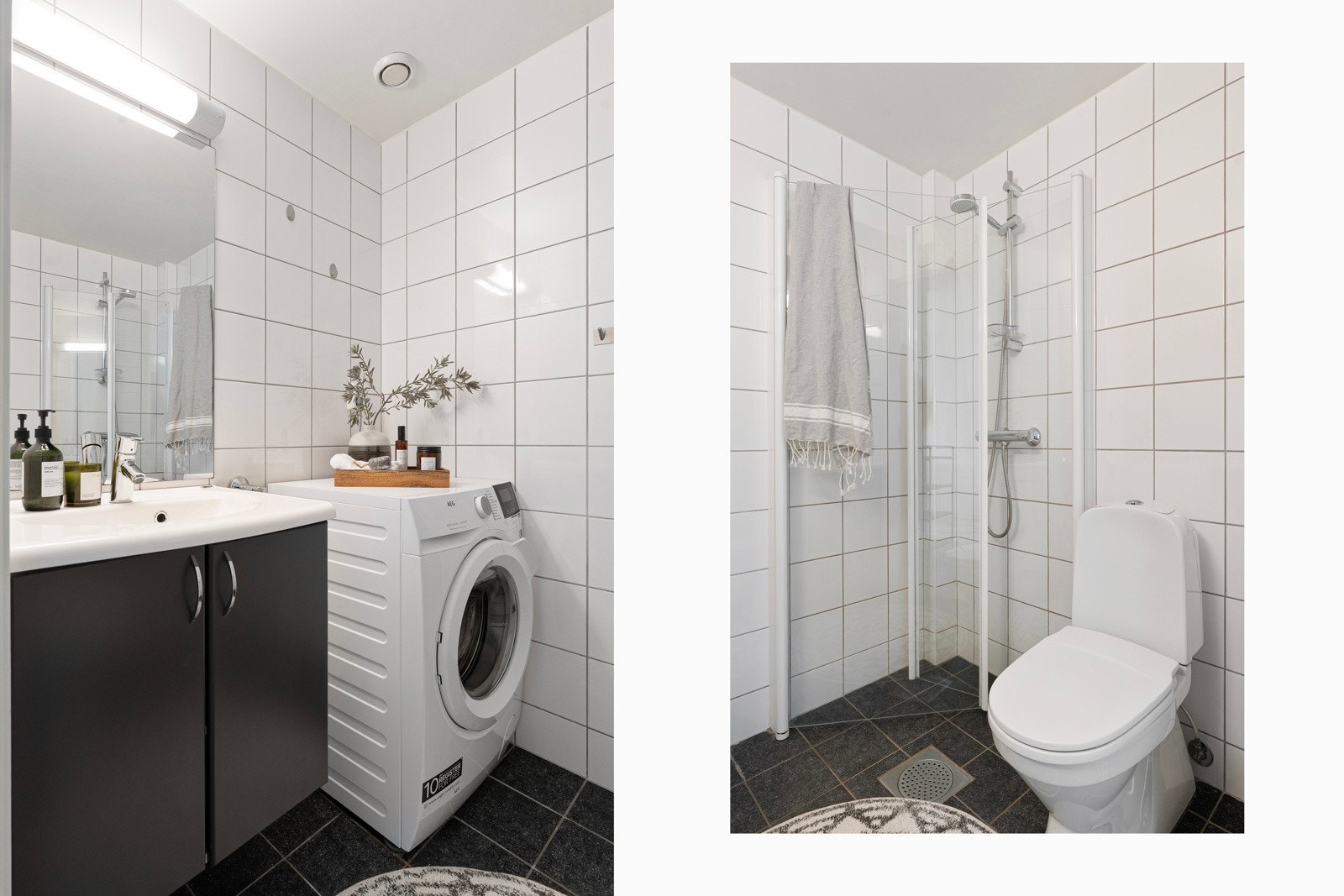 Baderommet er romslig utformet med god plass til alle dagligdagse gjøremål, utstyrt med innredning med servant, dusjvegger av glass og dusjgarnityr på vegg, samt opplegg for vaskemaskin.