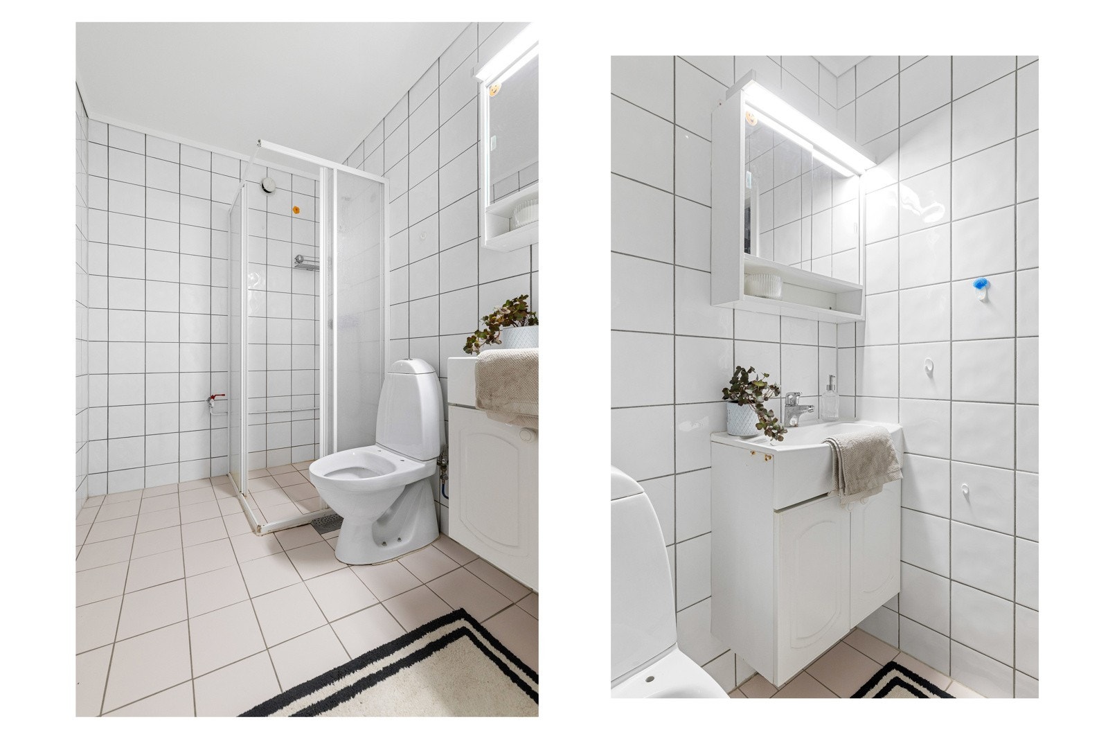 Badet har flislagte gulv og vegger. Rommet inneholder servant med underskap, speilskap med belysning, samt toalett. Badet har behov for totalrenovering. Galleribilde