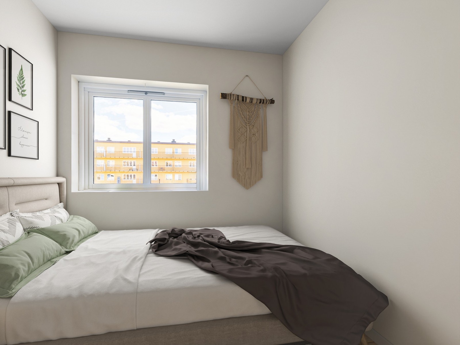 Digital styling viser hvordan rommet kan se ut som som soverom. Galleribilde