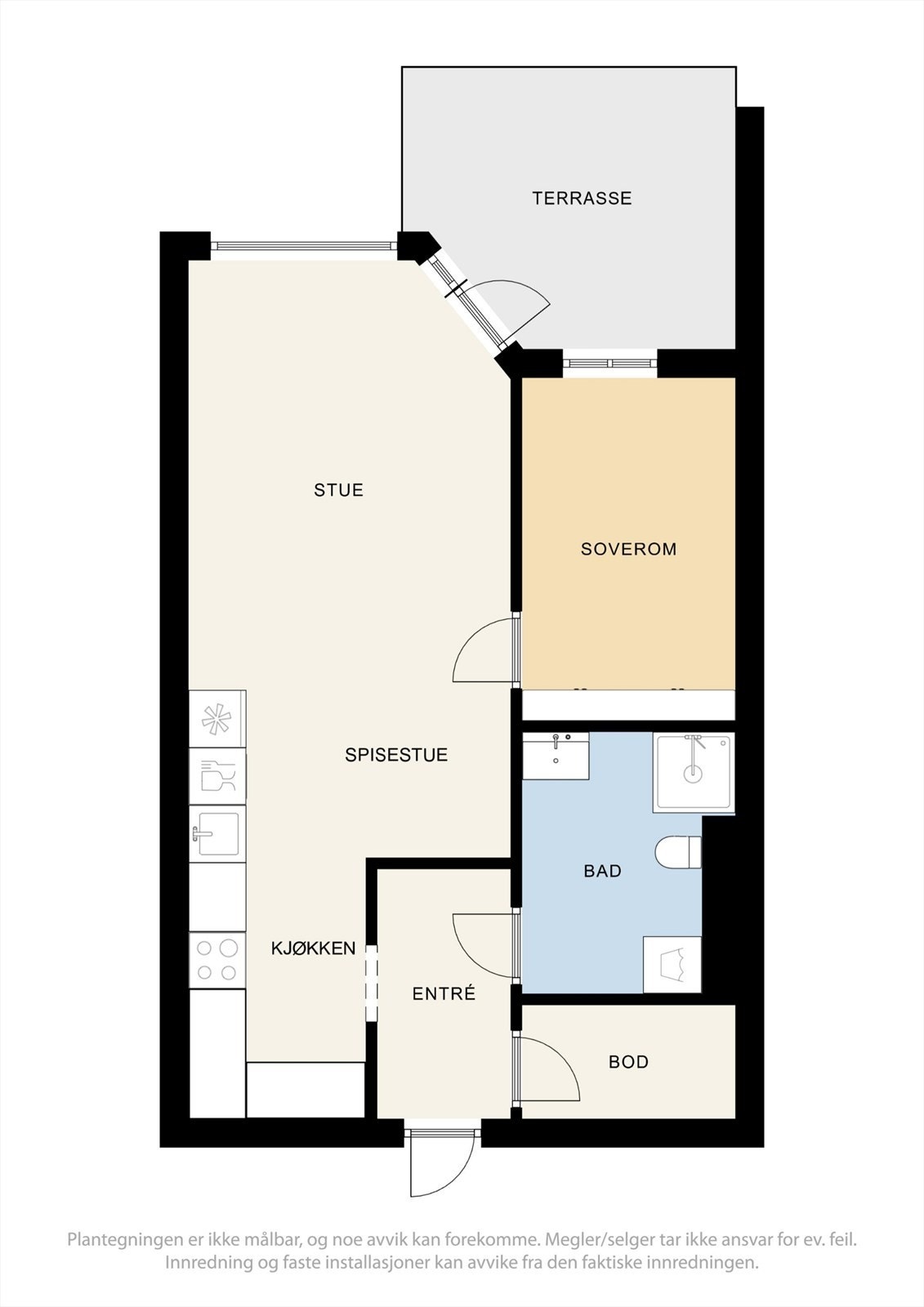 Leiligheten har en effektiv planløsning på 45 m² som omfatter entré, bad, soverom og en åpen sone for stue og kjøkken. Galleribilde