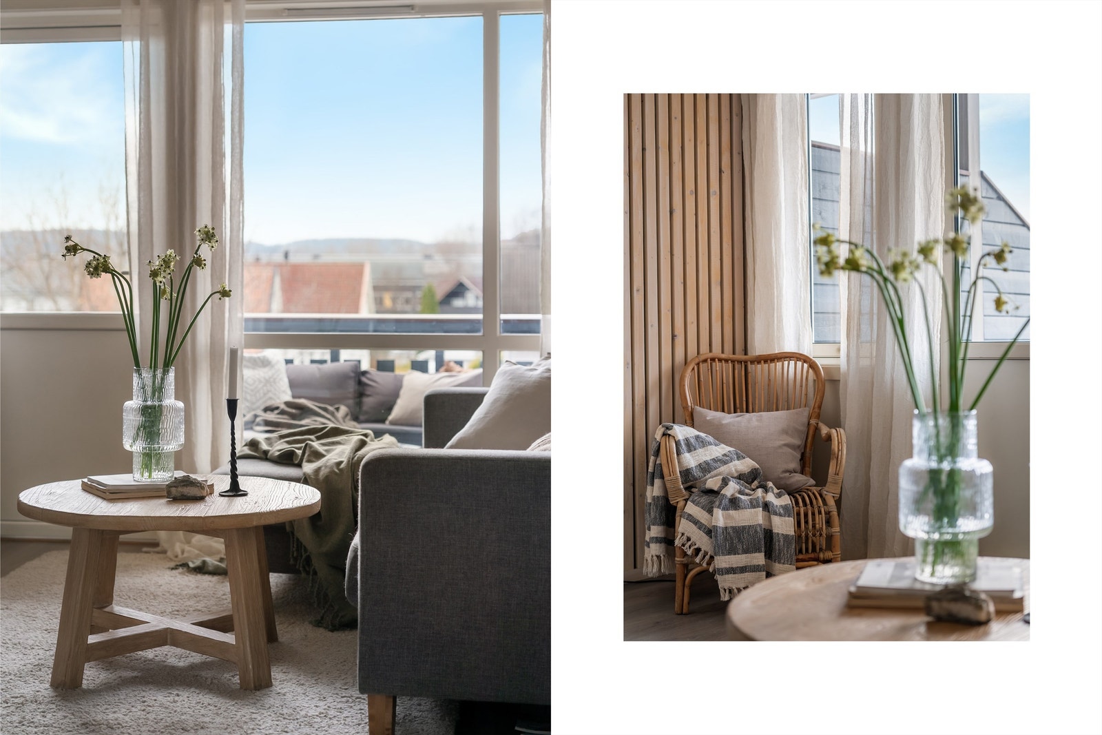 Store vindusflater og dør ut til balkongen gir rikelig med naturlig lys til stuen. Galleribilde