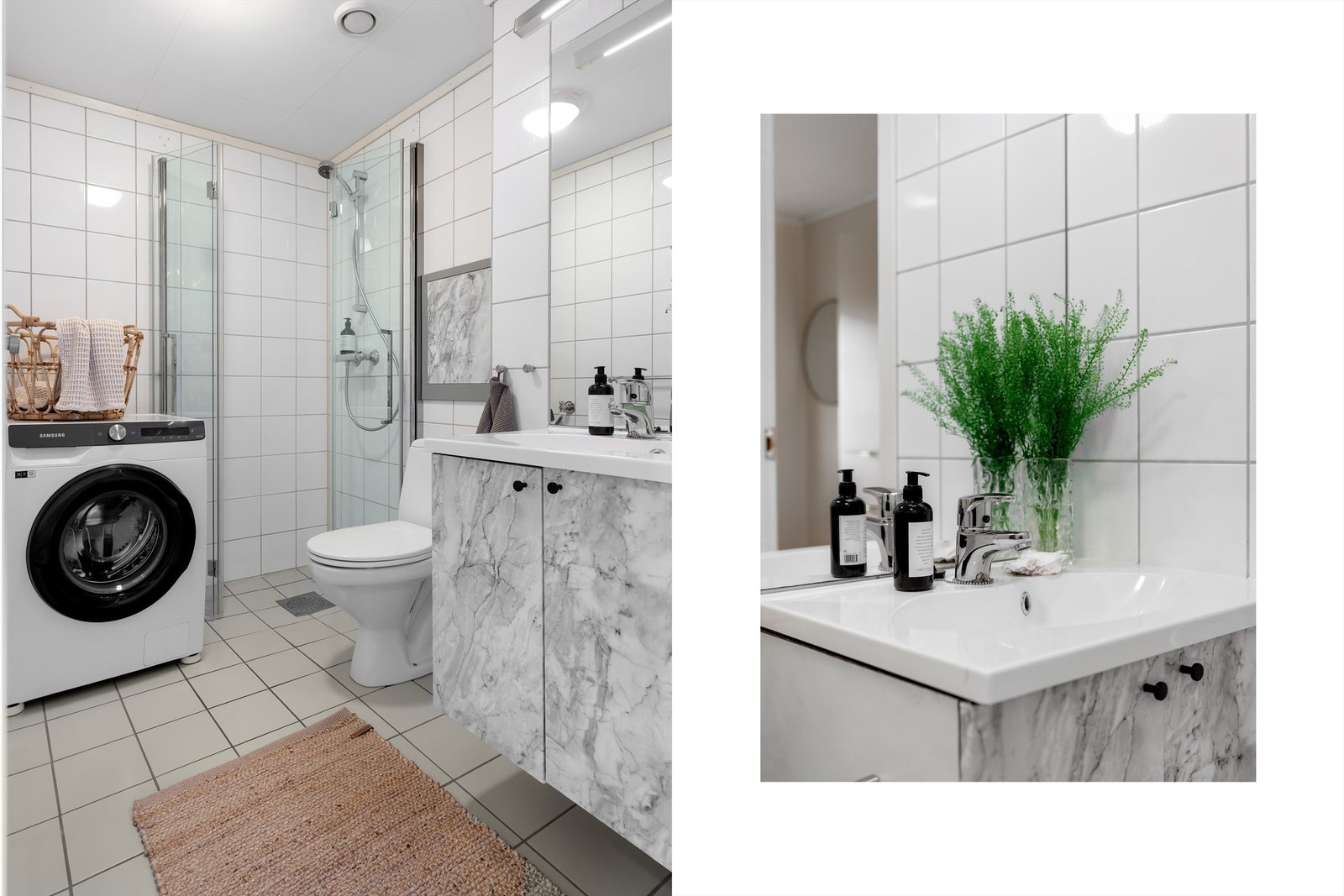 Badet er flislagt og utstyrt med elektrisk gulvvarme for økt komfort. Her er det også opplegg for vaskemaskin. Galleribilde