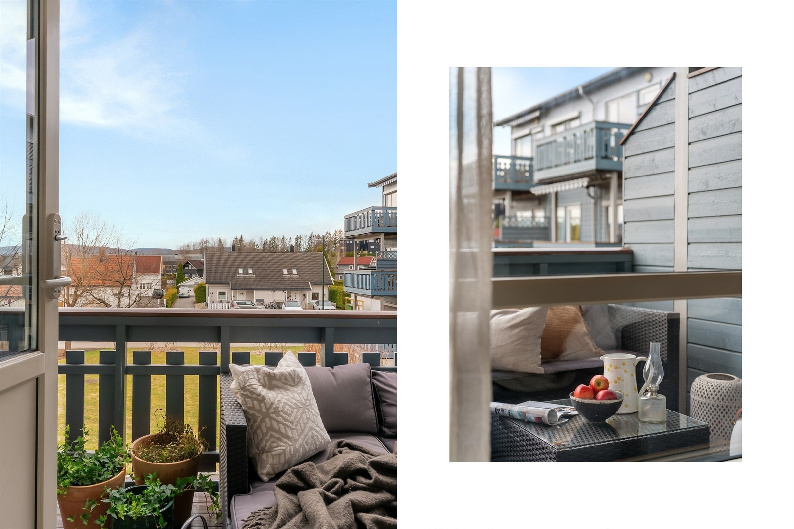 Den sydvestvendte balkongen på ca. 8 m² har god plass til en loungegruppe og utvider leilighetens sosiale sone. Galleribilde
