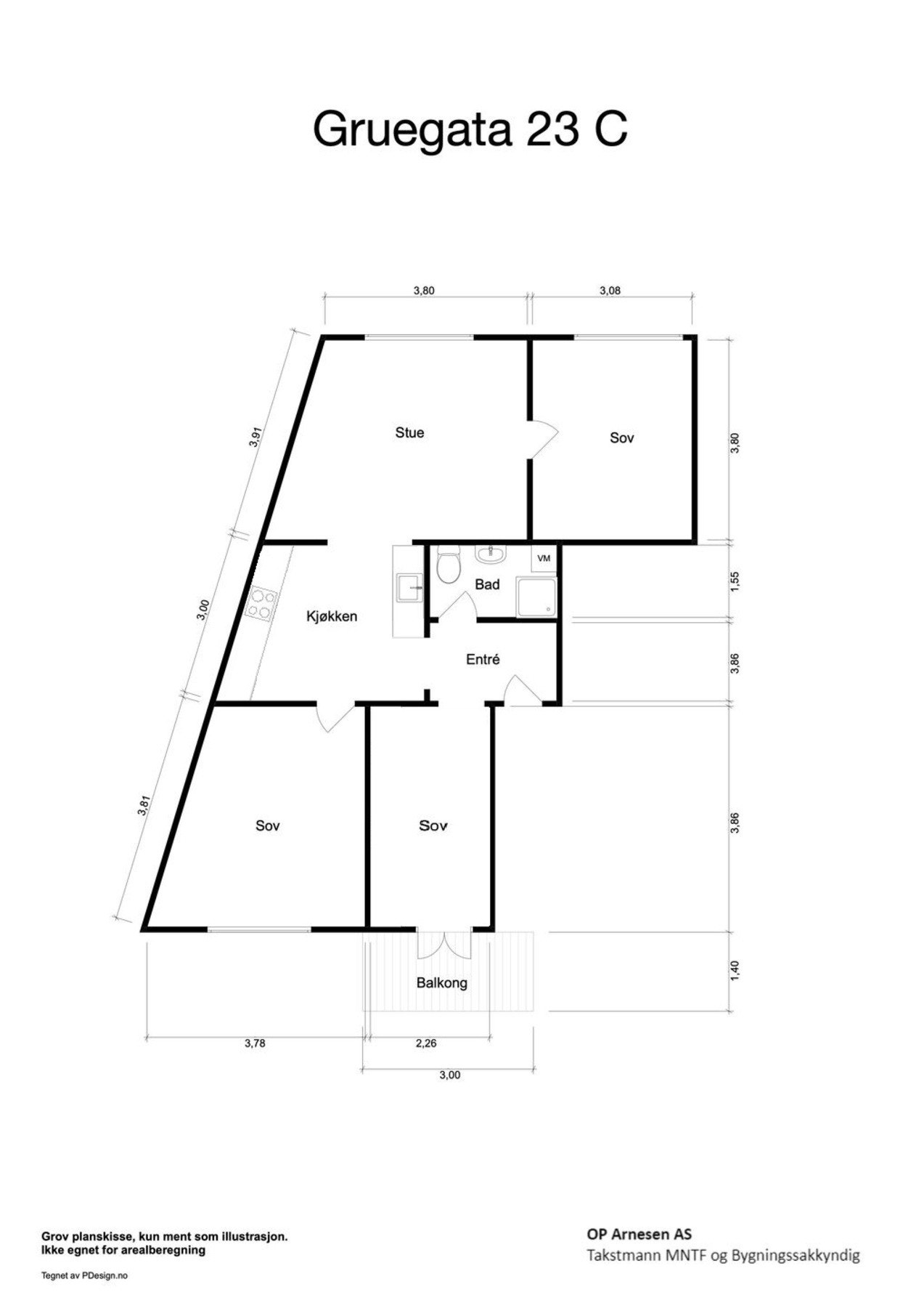 Alternativ plantegning med 3 soverom. Flere andre i bygget har gjort om til denne løsningen. Galleribilde