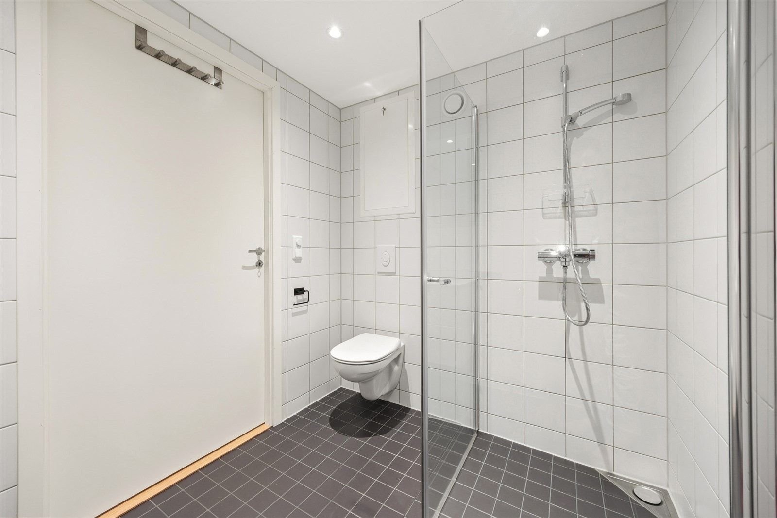 Badet er utstyrt med vegghengt toalett og et praktisk dusjhjørne. Galleribilde