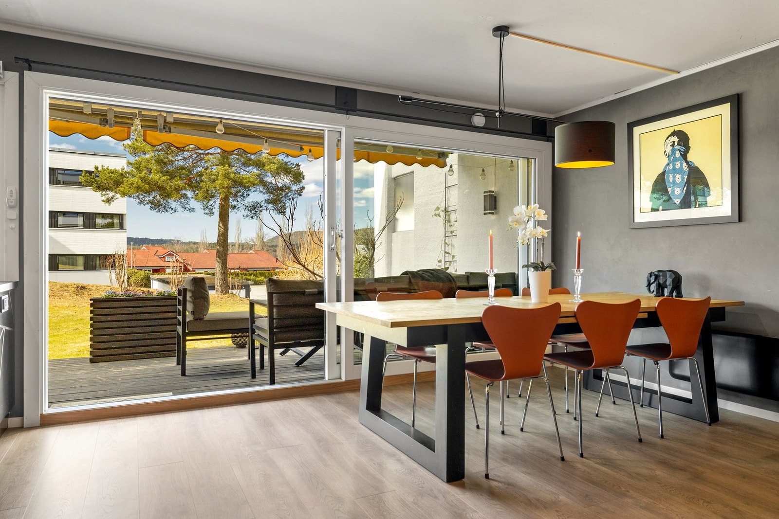 Fra stue og kjøkken har du direkte utgang til en stor og solrik markterrasse. Galleribilde